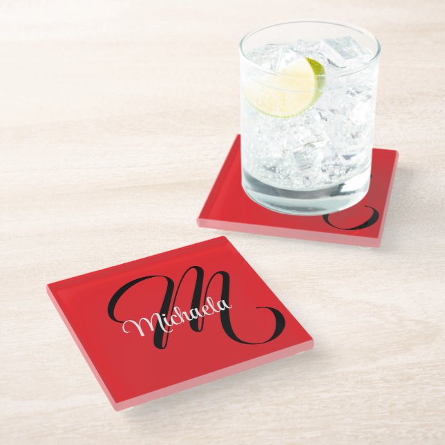 Minimalistic modern monogram initial name red glass coaster (Angled)