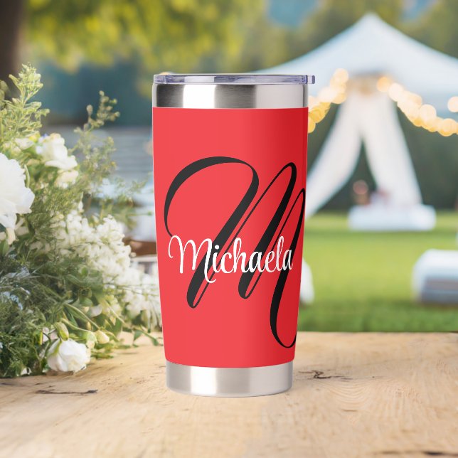 Minimalistic modern monogram initial name red insulated tumbler (Wedding)