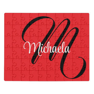 Minimalistic modern monogram initial name red jigsaw puzzle