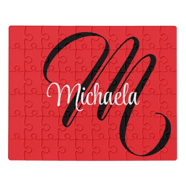 Minimalistic modern monogram initial name red jigsaw puzzle (Puzzle Horizontal)
