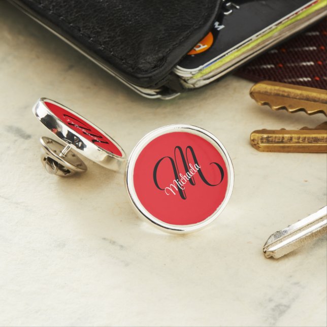 Minimalistic modern monogram initial name red lapel pin (In Situ)