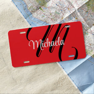 Minimalistic modern monogram initial name red license plate