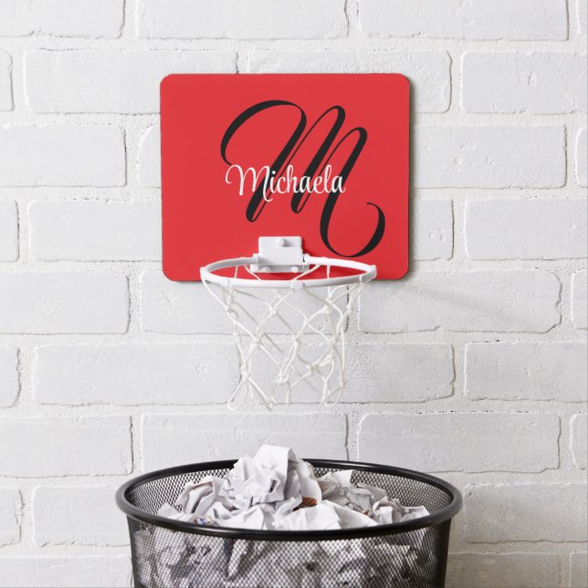 Minimalistic modern monogram initial name red mini basketball hoop (In Situ)