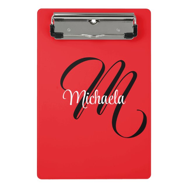 Minimalistic modern monogram initial name red mini clipboard (Front)