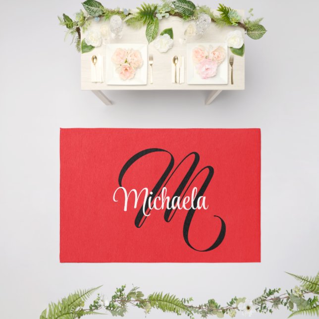 Minimalistic modern monogram initial name red outdoor rug (Insitu (Wedding 2))