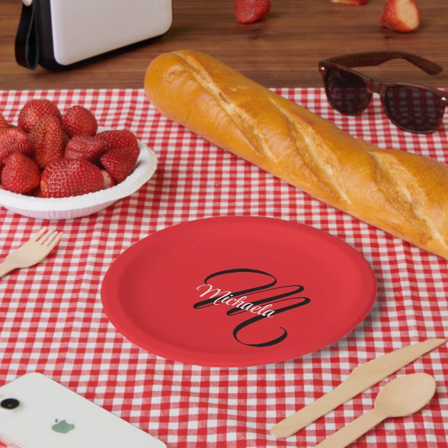 Minimalistic modern monogram initial name red paper plates (Picnic)