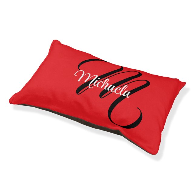 Minimalistic modern monogram initial name red pet bed (Angled)