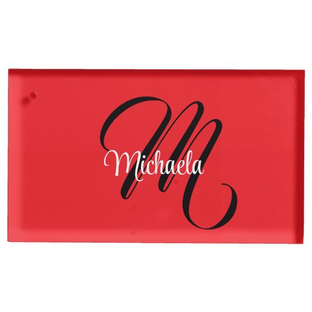 Minimalistic modern monogram initial name red place card holder (Front)