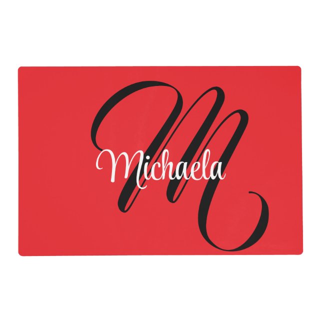 Minimalistic modern monogram initial name red placemat (Front)