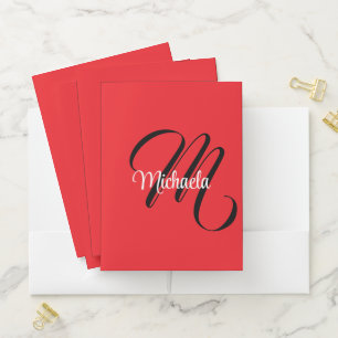 Minimalistic modern monogram initial name red pocket folder