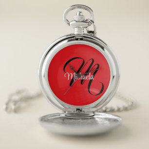 Minimalistic modern monogram initial name red pocket watch