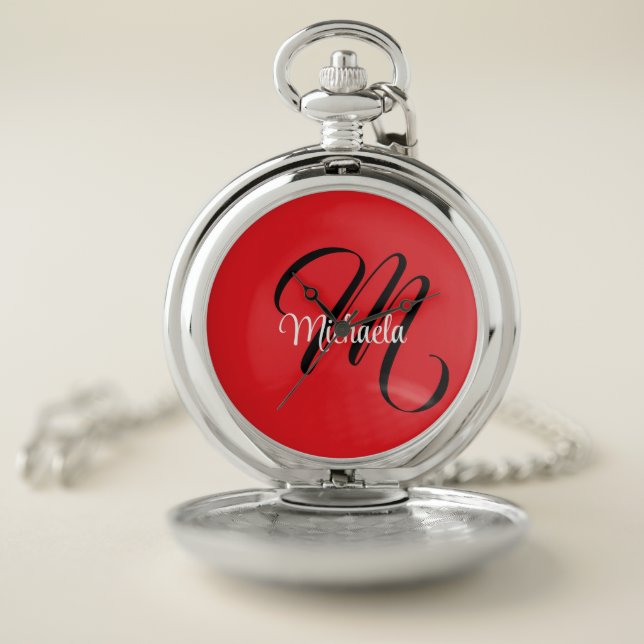 Minimalistic modern monogram initial name red pocket watch (Inside)