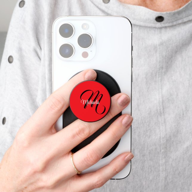 Minimalistic modern monogram initial name red PopSocket (Hand)