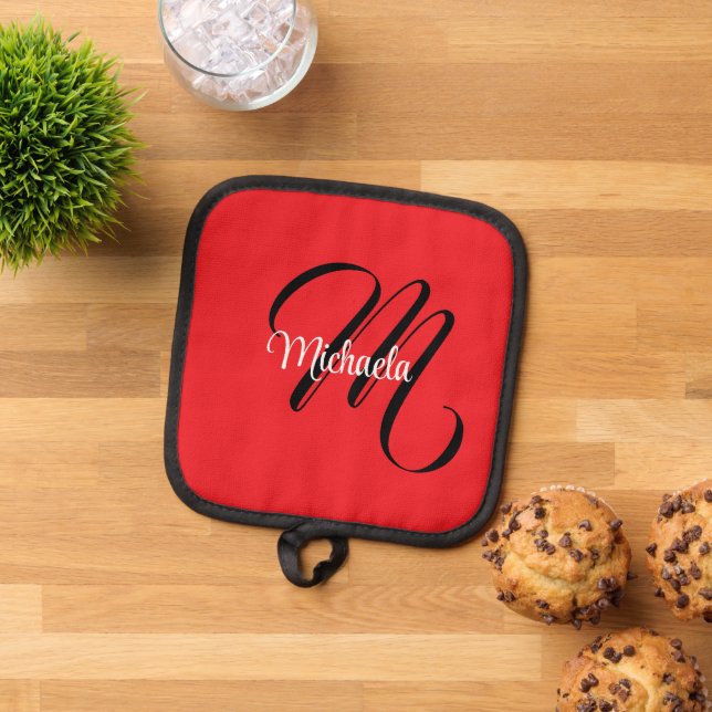 Minimalistic modern monogram initial name red pot holder (Top Down)