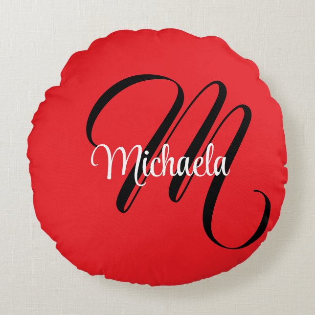 Minimalistic modern monogram initial name red round pillow (Front)