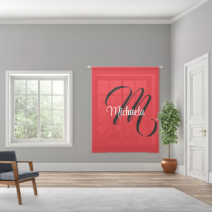 Minimalistic modern monogram initial name red sheer curtains