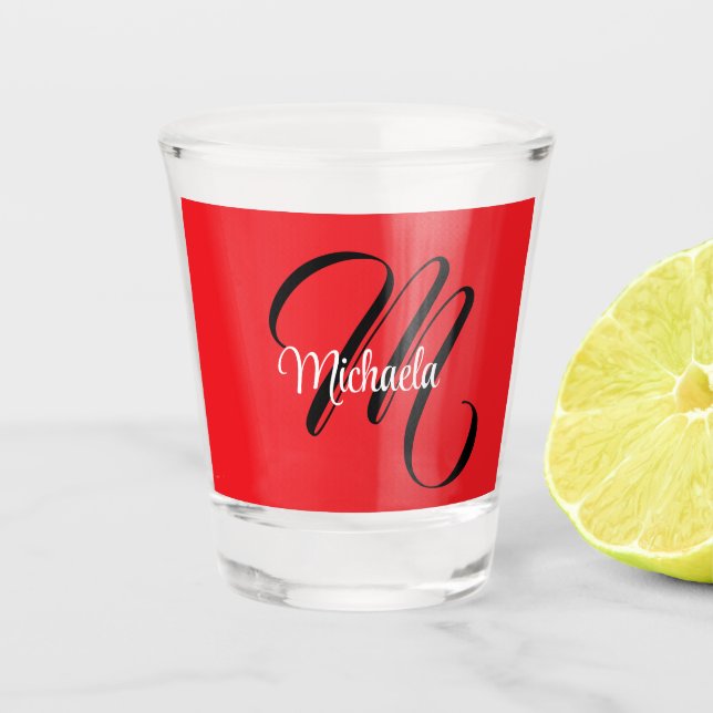 Minimalistic modern monogram initial name red shot glass (Front)