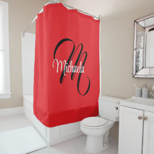 Minimalistic modern monogram initial name red shower curtain
