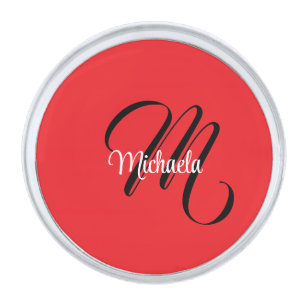 Minimalistic modern monogram initial name red silver finish lapel pin