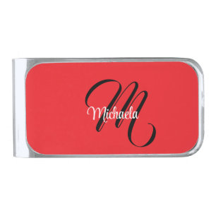 Minimalistic modern monogram initial name red silver finish money clip
