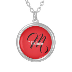 Minimalistic modern monogram initial name red silver plated necklace