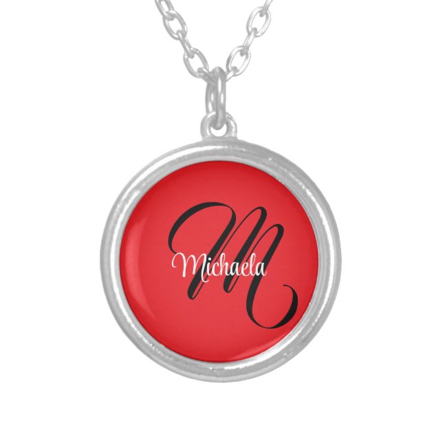 Minimalistic modern monogram initial name red silver plated necklace (Front)