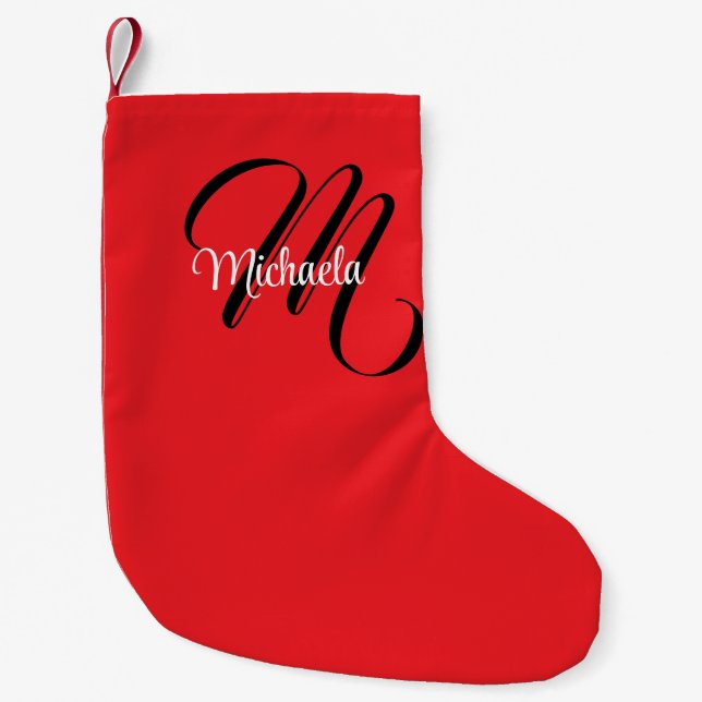 Minimalistic modern monogram initial name red small christmas stocking (Front)