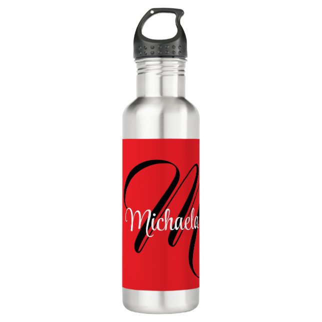 Minimalistic modern monogram initial name red stainless steel water bottle (Front)