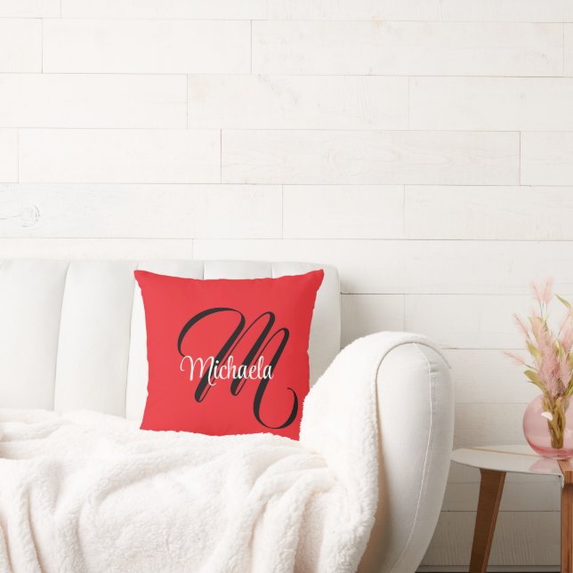 Minimalistic modern monogram initial name red throw pillow (Couch)