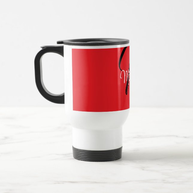 Minimalistic modern monogram initial name red travel mug (Left)