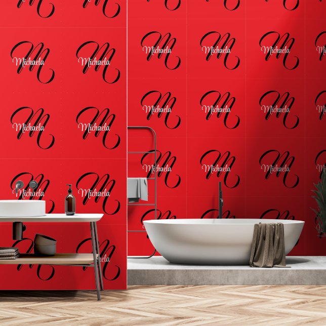 Minimalistic modern monogram initial name red wallpaper  (Bathroom)