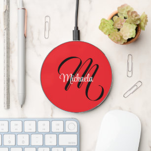 Minimalistic modern monogram initial name red wireless charger 