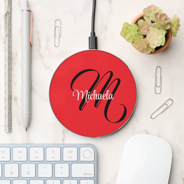 Minimalistic modern monogram initial name red wireless charger  (Desk)
