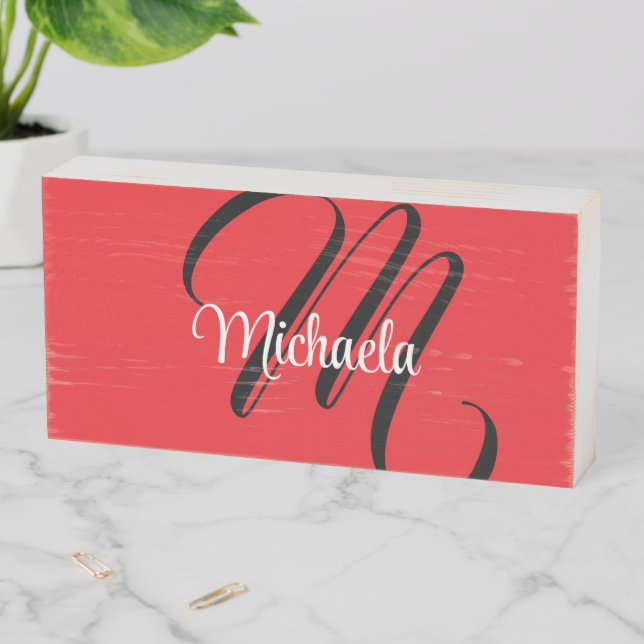 Minimalistic modern monogram initial name red wooden box sign (In Situ Horizontal)