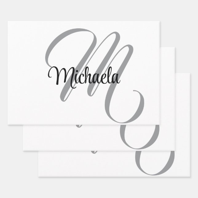 Minimalistic modern monogram initial name white wrapping paper sheets (Set)