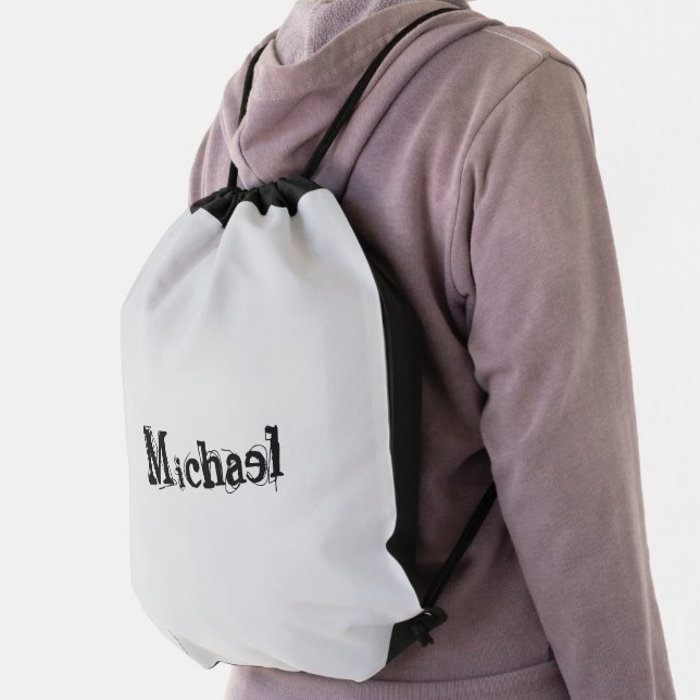 Minimalistic modern monogram name black grey drawstring bag (Insitu)