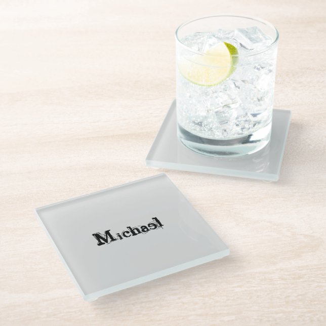 Minimalistic modern monogram name black grey glass coaster (Angled)