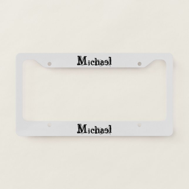 Minimalistic modern monogram name black grey license plate frame (Front)