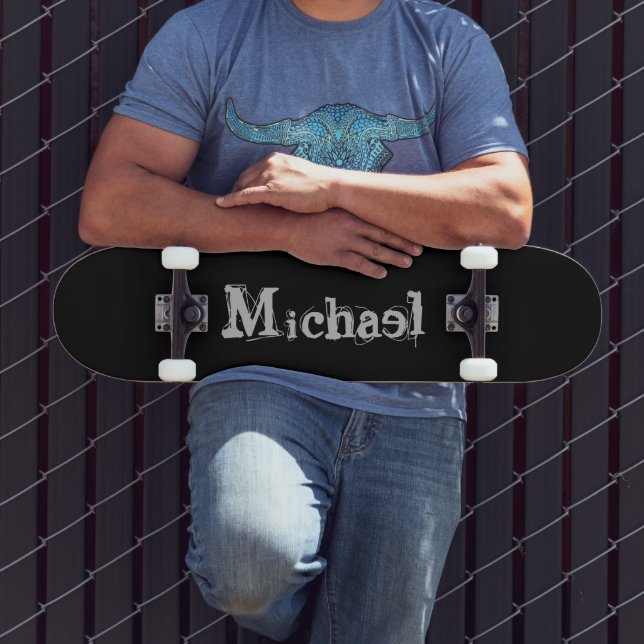 Minimalistic modern monogram name black white  skateboard (Outdoor 3)