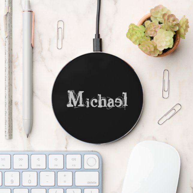 Minimalistic modern monogram name black white wireless charger  (Desk)