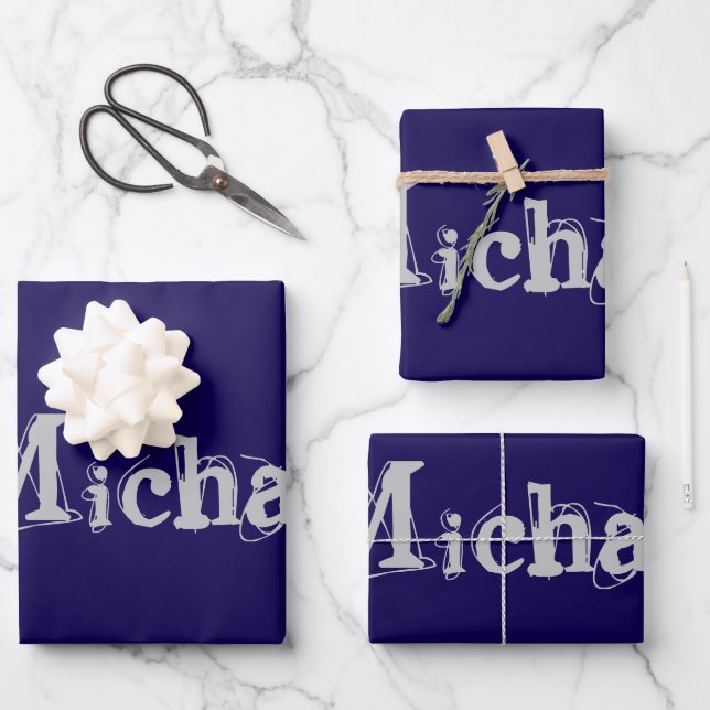 Minimalistic modern monogram name dark blue wrapping paper sheets (Front)