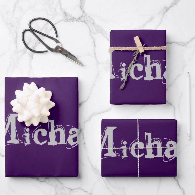 Minimalistic modern monogram name purple grey wrapping paper sheets (Front)