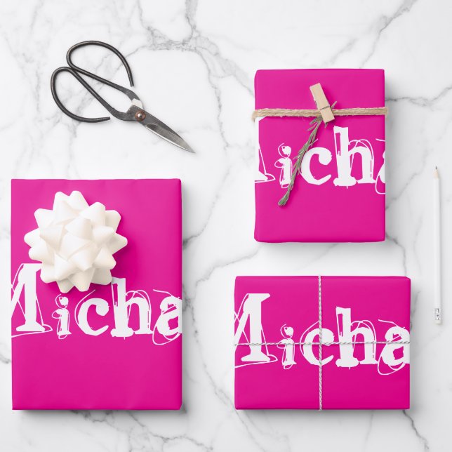 Minimalistic modern monogram name white hot pink wrapping paper sheets (Front)