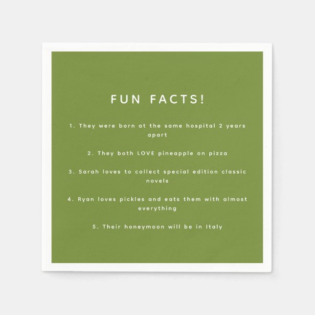 Minimalistic Modern Olive Green Wedding Fun Facts Napkins (Front)