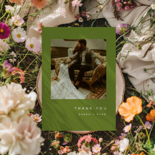 Minimalistic Modern Olive Green Wedding Photo Thank You Card