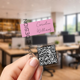 Minimalistic Modern QR code Pink Clear Business Cards
