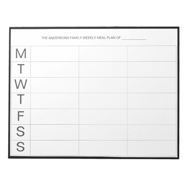 Minimalistic Modern Weekly Meal Planner Notepad | (Front)