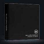 Minimalistic Monogram Black Family Photo Album 3 Ring Binder<br><div class="desc">Organize and store your cherished family memories in this sleek and stylish 3-ring binder photo album. The black background serves as the perfect canvas for the minimalistic monogram design featuring your family name and photo album title in classic block typography in the lower right-hand corner. The spine of the album...</div>