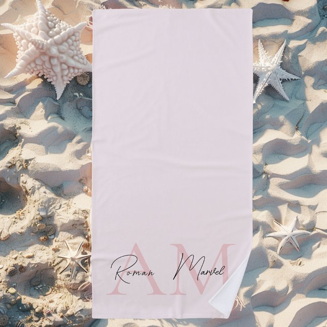 Minimalistic Monogram Initial & Name Pastel Pink Beach Towel (Creator Uploaded)