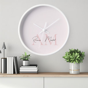 Minimalistic Monogram Initial & Name Pastel Pink  Clock
